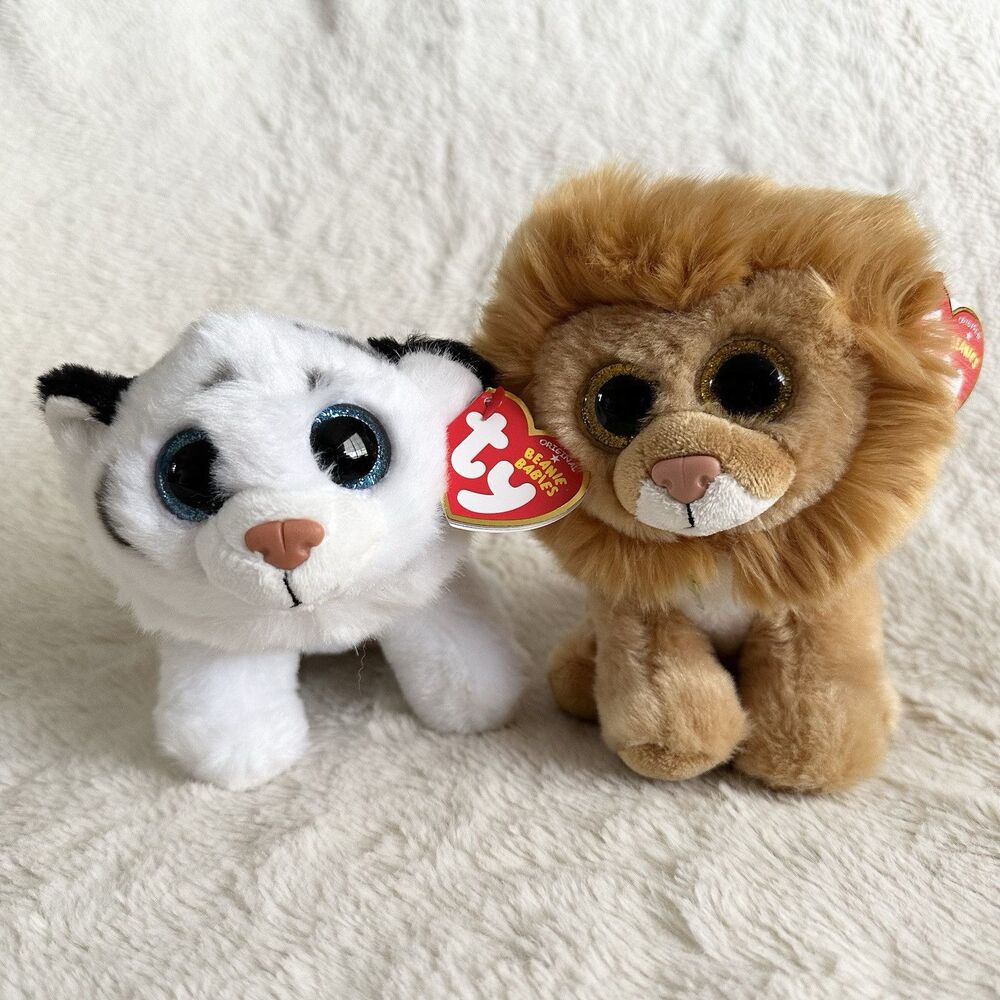 Ty Beanie Babies Boos Lot Of 2 Tundra White Tiger Louie Lion 6” Plush